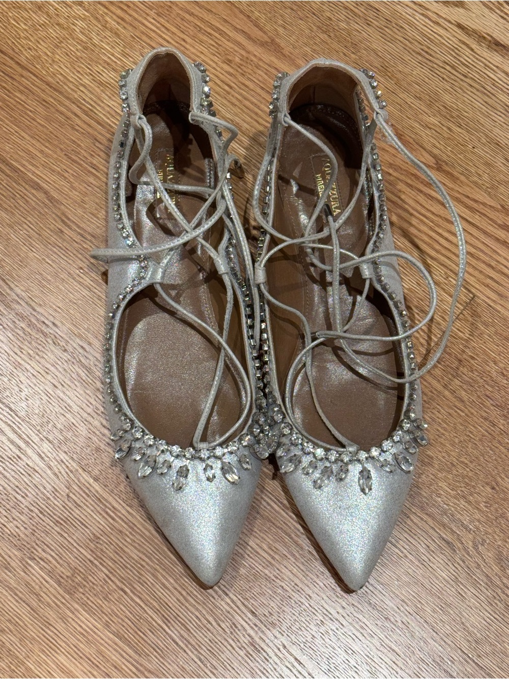 Aquazzura Silver Crystal Embellished Lace-Up Pointed Flats